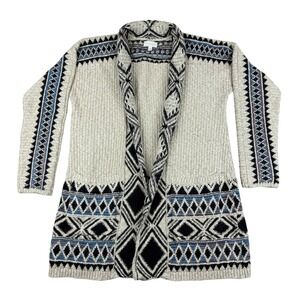 Lucky Brand Cardigan Sweater Womens M Aztec Tribal Open Front Long Boho Pockets